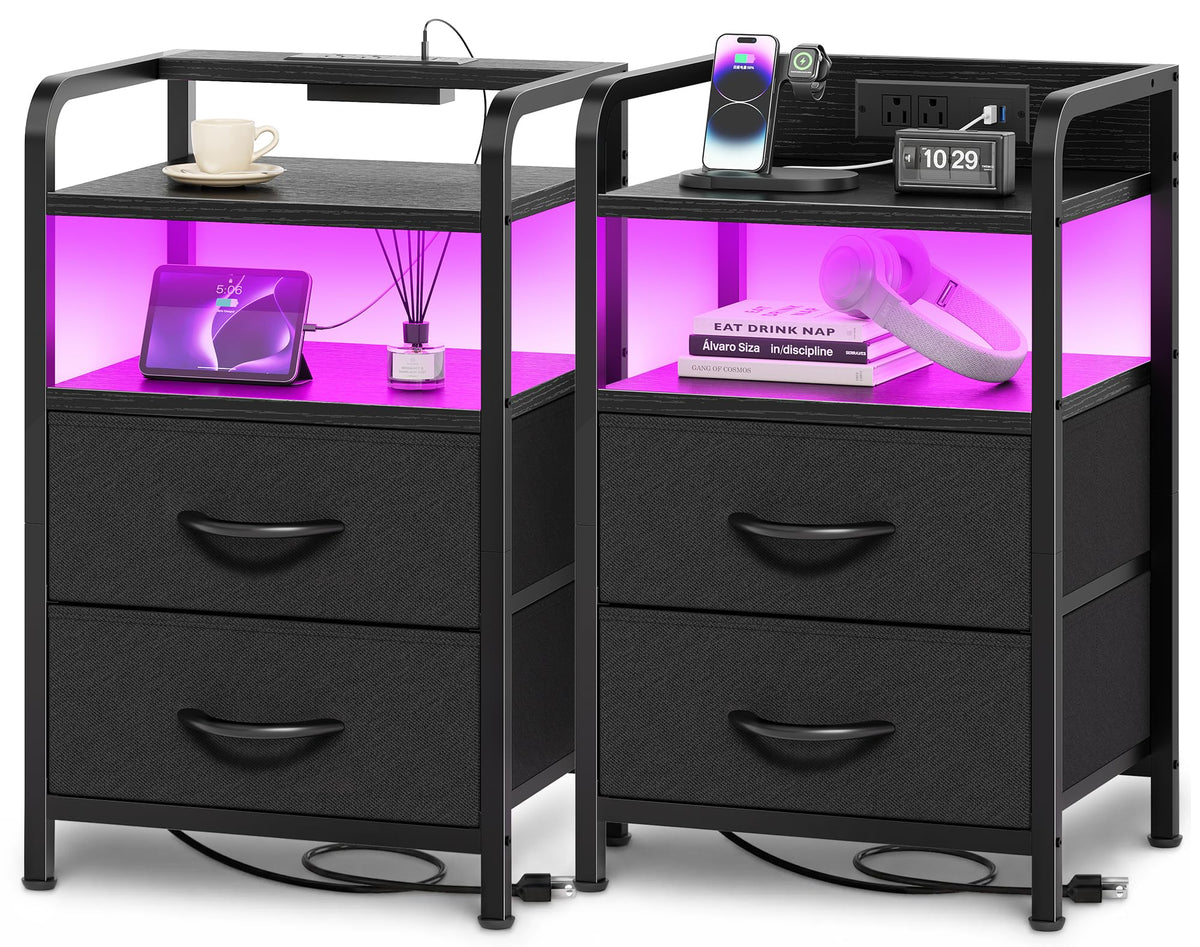 Huuger nightstands front view showing paired modern bedside setup and storage benefit