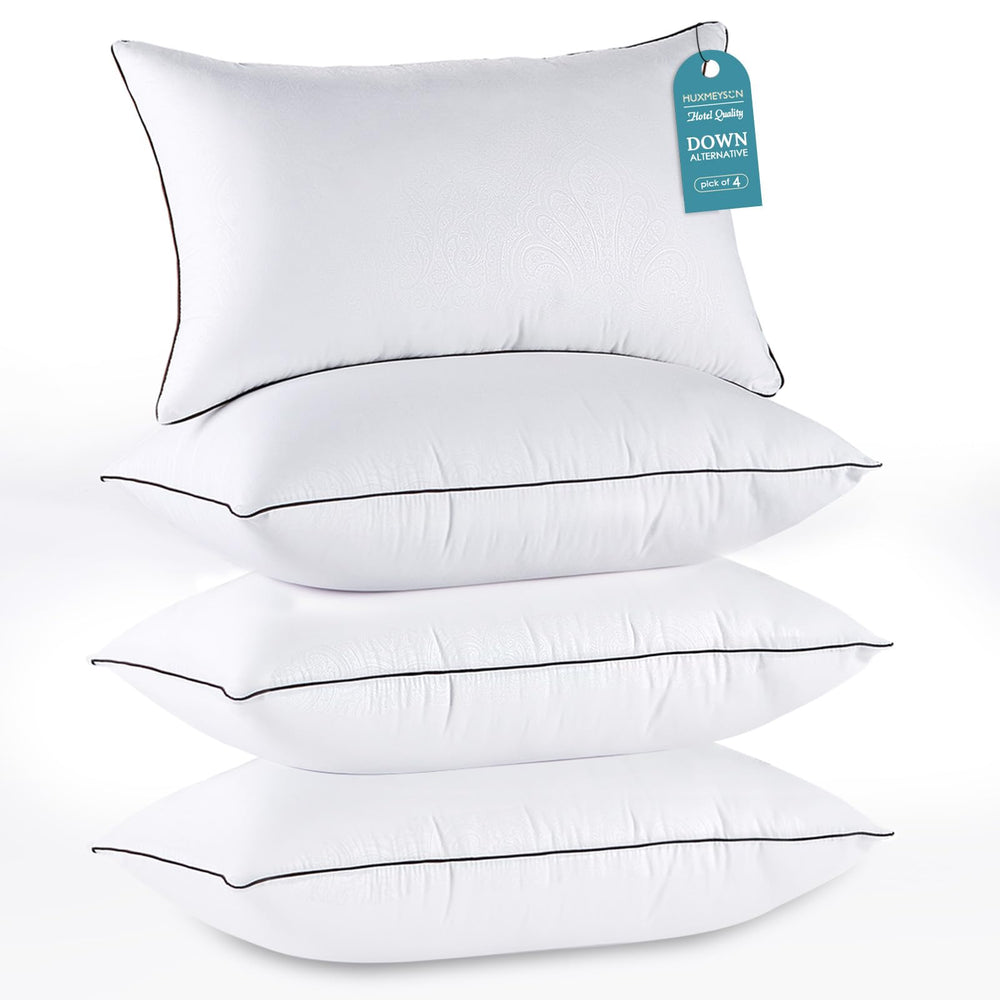 HUXMEYSON front packaging showing four queen pillows for immediate comfort