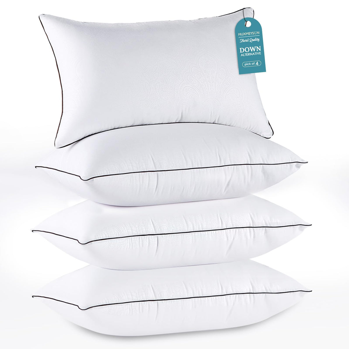 HUXMEYSON front packaging showing four queen pillows for immediate comfort