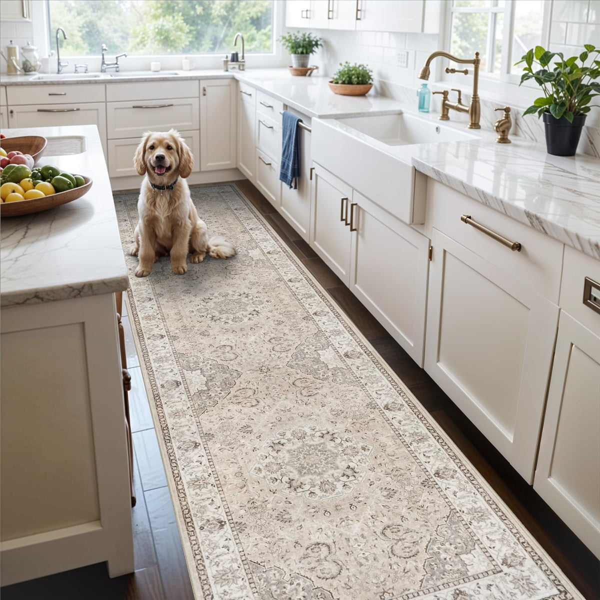 HY HAO YUN LAI front view of beige runner showing length and vintage pattern benefit floor protection