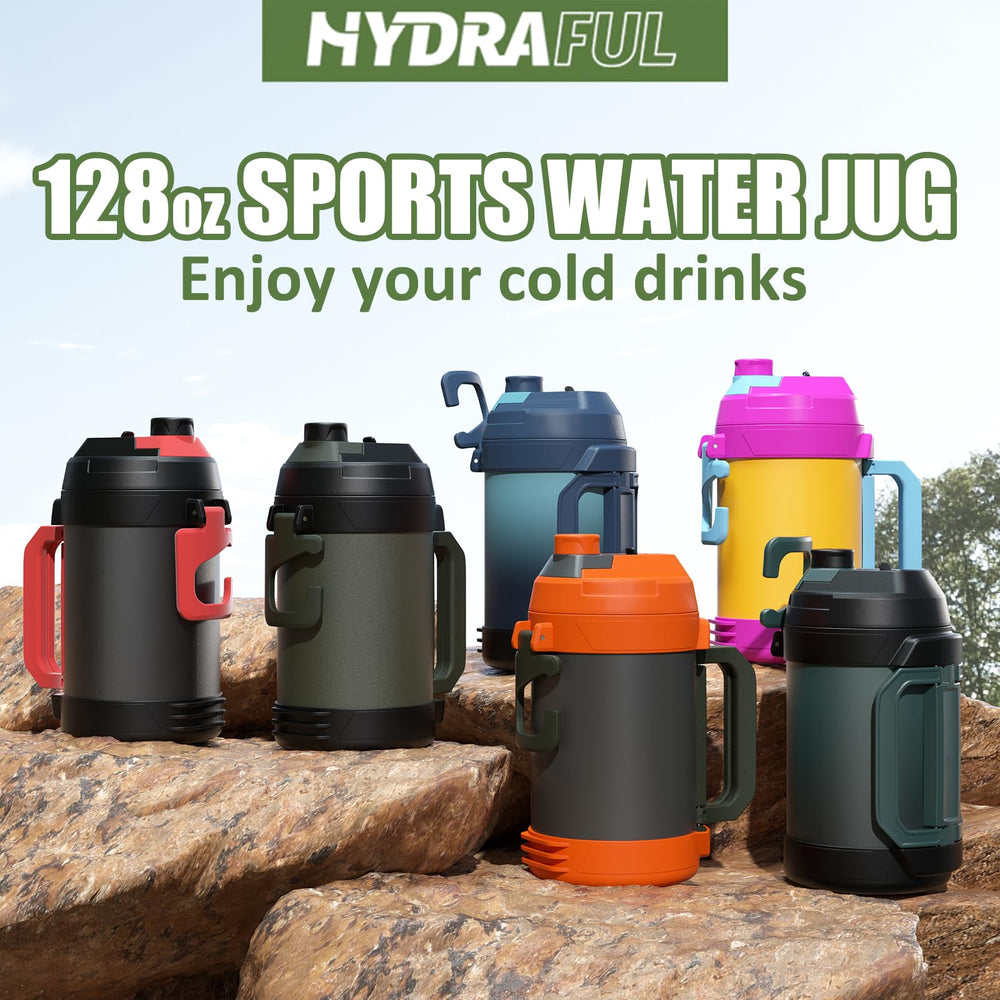 Hydraful size comparison next to standard bottle showing 128 oz capacity benefit