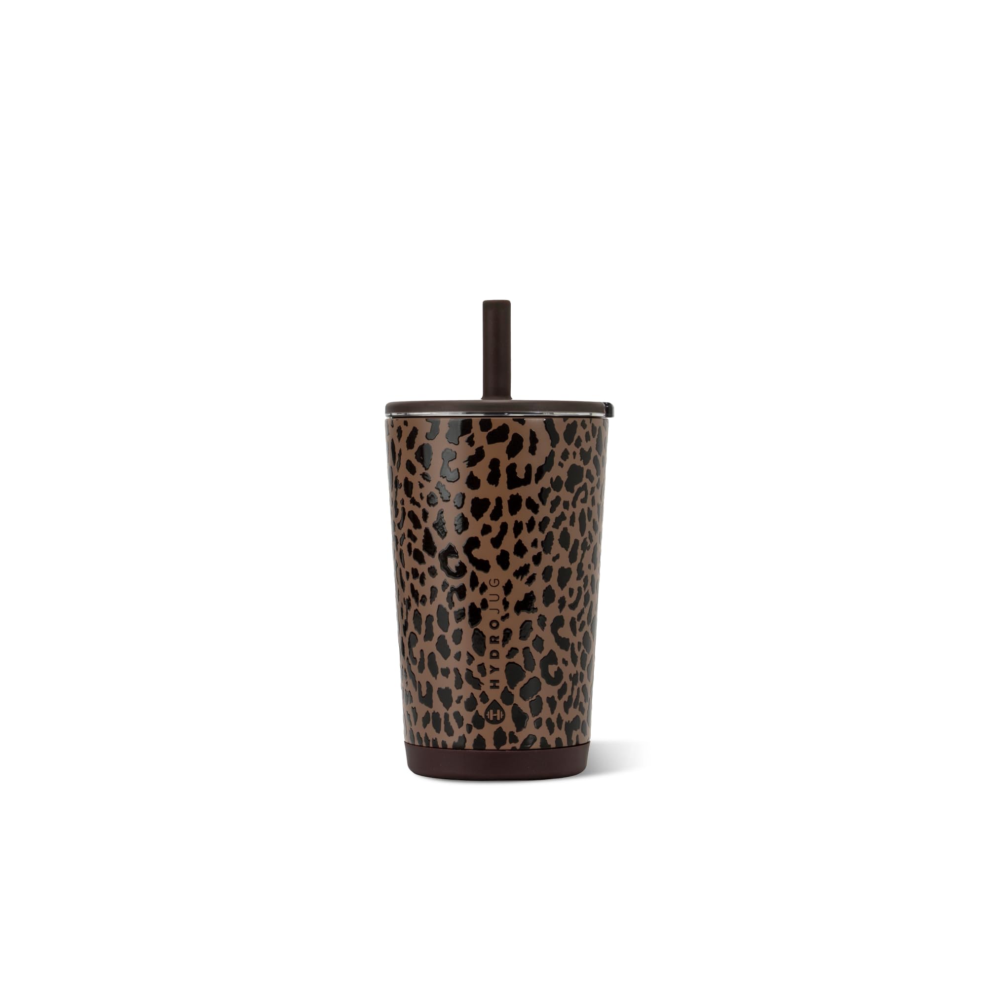 HydroJug front view brown leopard shows compact design and secure lid, ideal for commuting