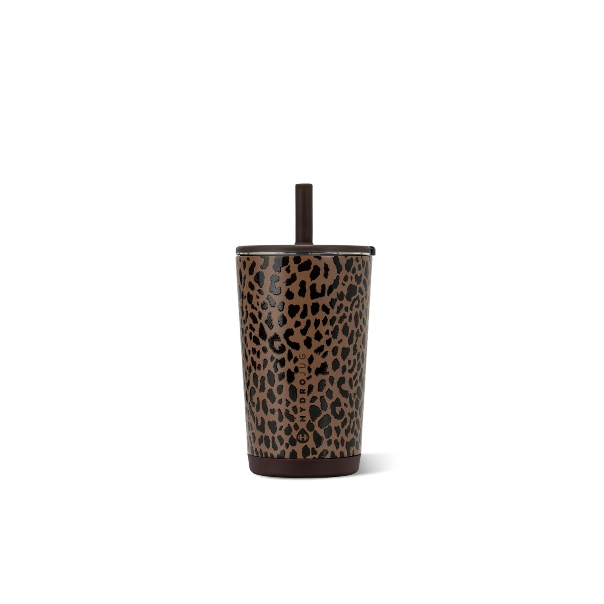 HydroJug front view brown leopard shows compact design and secure lid, ideal for commuting