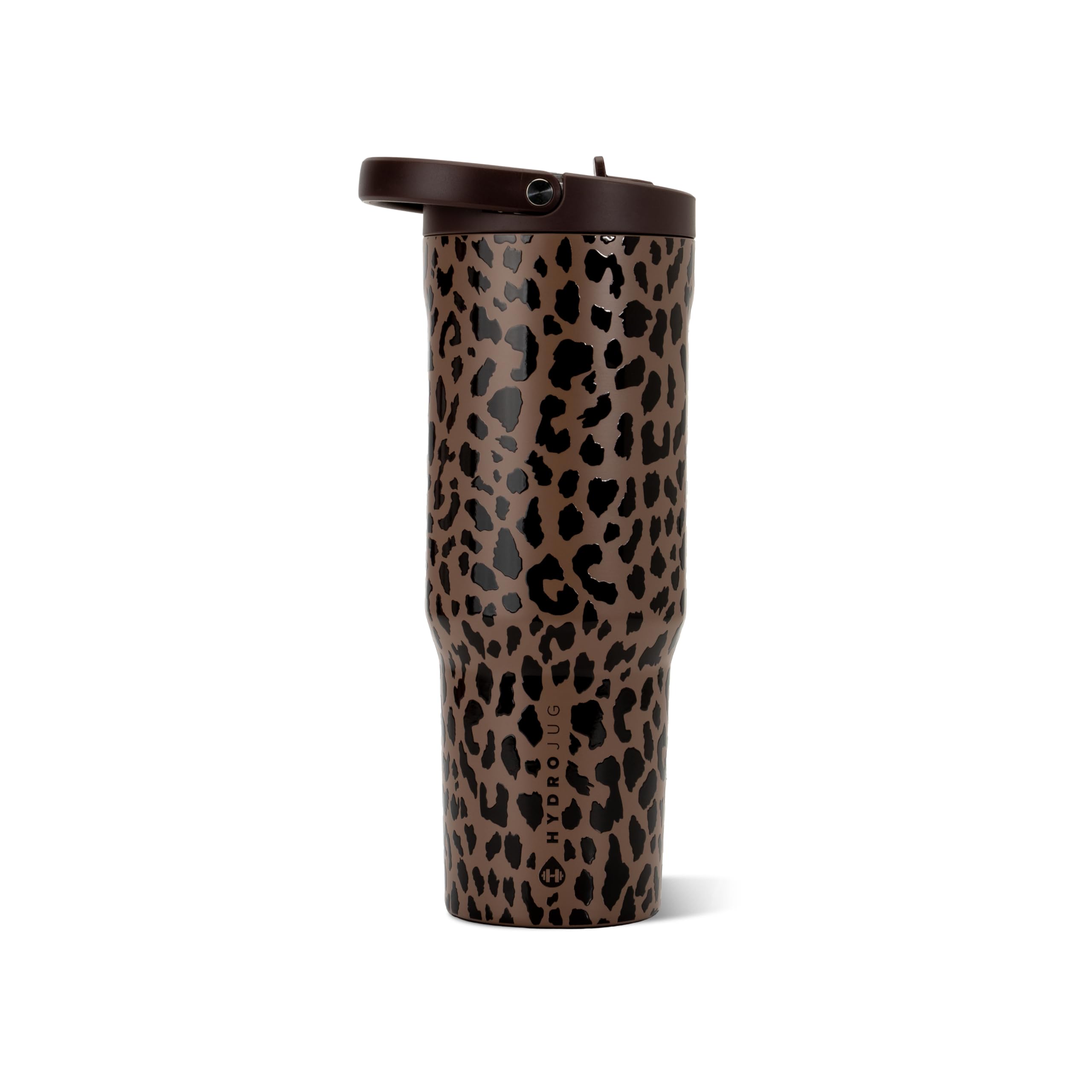 HydroJug brown leopard front view showing bottle design and easy carry benefits