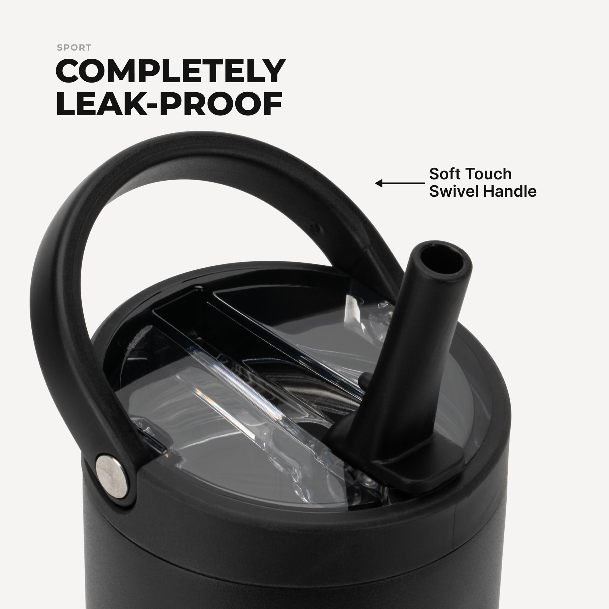 HydroJug straw lid in use showing quick sip access and spill-resistance benefit
