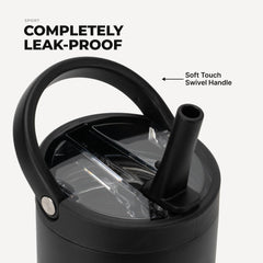 HydroJug straw lid in use showing quick sip access and spill-resistance benefit