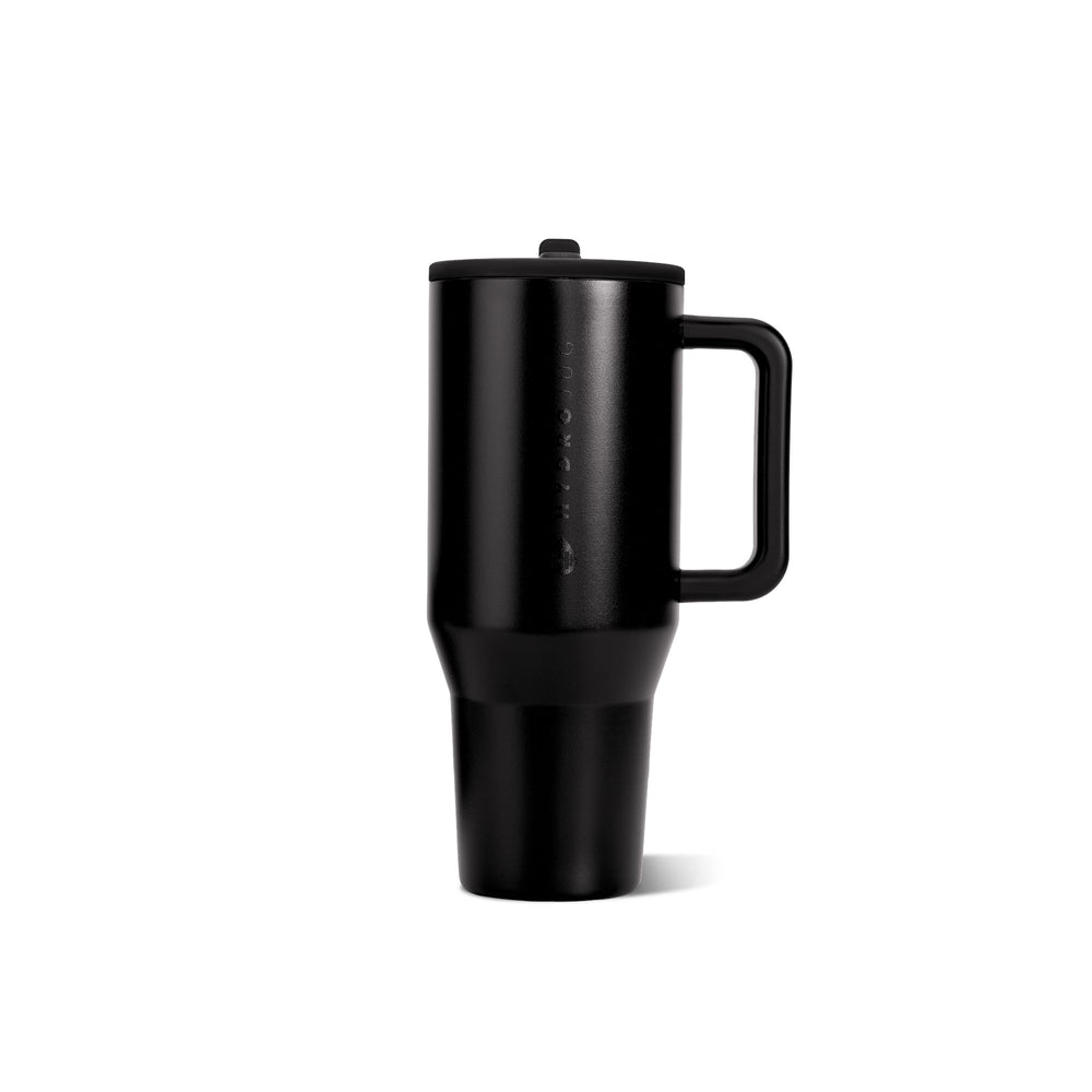 HydroJug Traveler front view showing sleek black finish and branding, easy identification