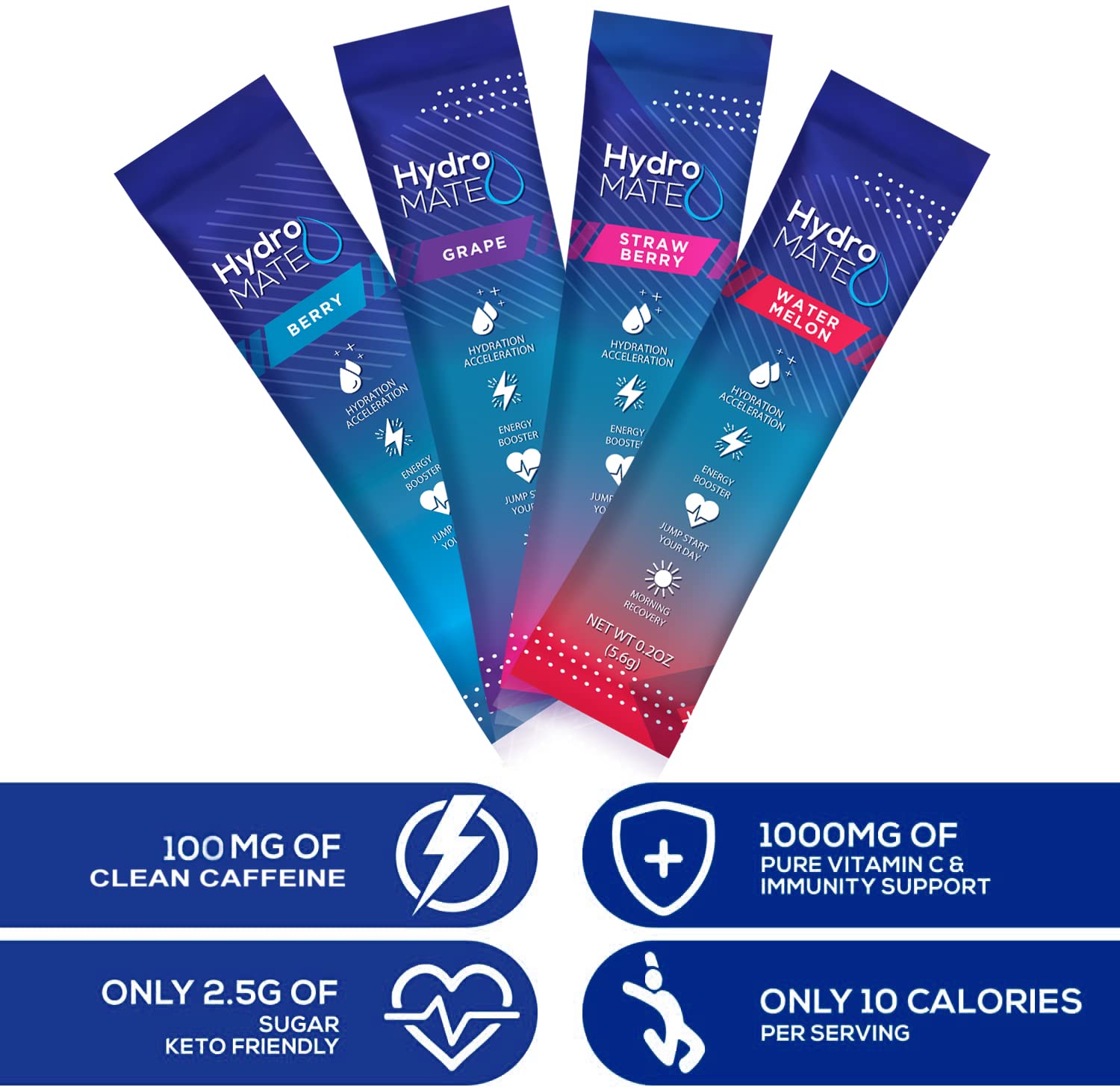 HydroMATE four flavor packets displayed to compare taste options and variety