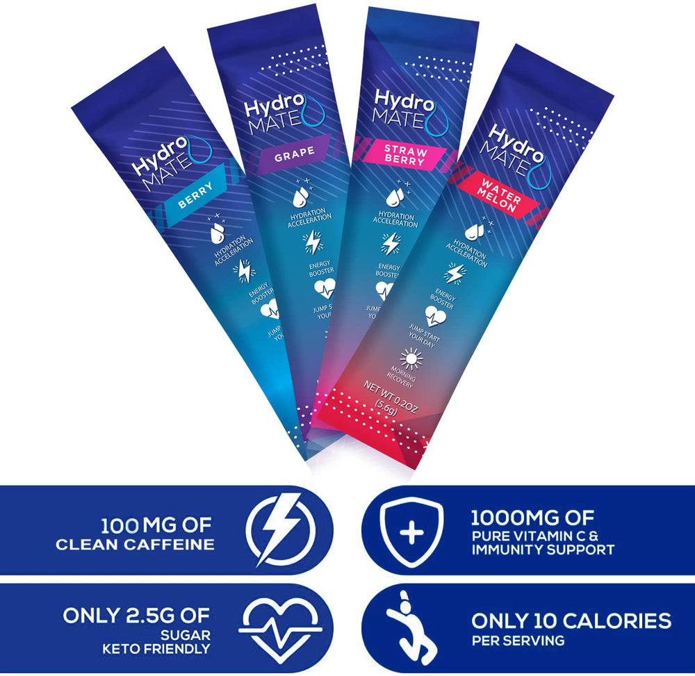 HydroMATE four flavor packets displayed to compare taste options and variety