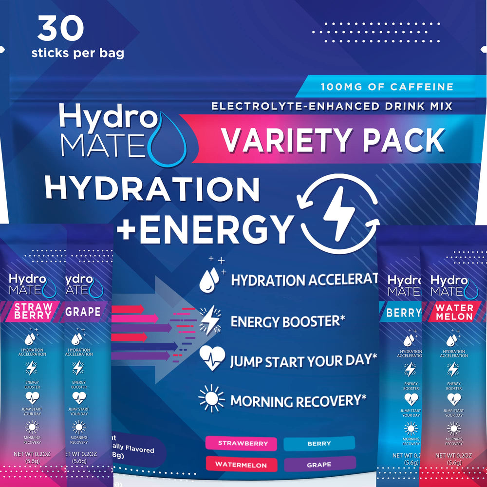 HydroMATE front packaging showing 30 count and variety, convenient and portable