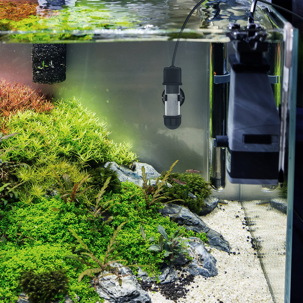 hygger heater in a styled nano aquarium demonstrating neat, unobtrusive heating