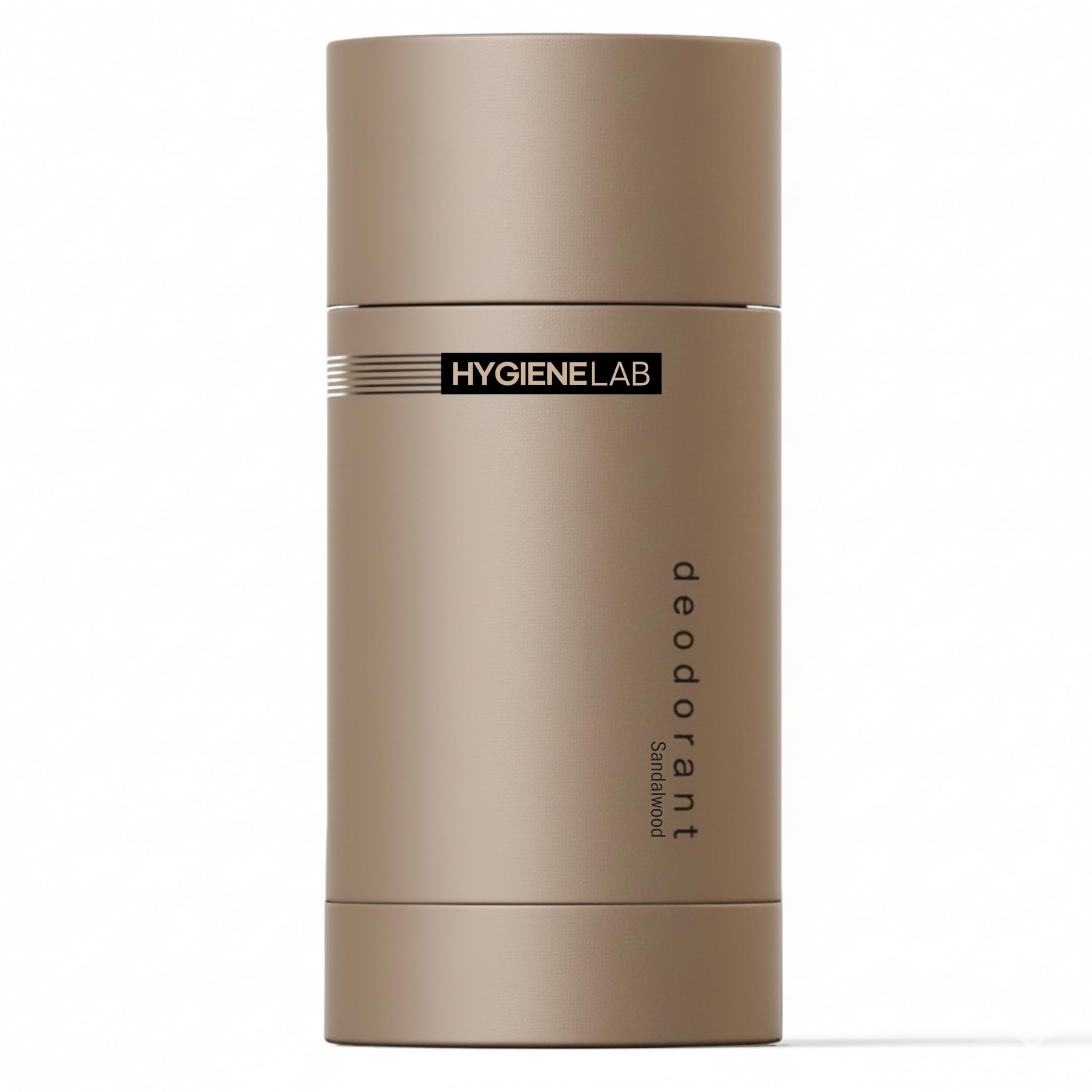 HygieneLab front packaging displaying sandalwood deodorant and product benefit