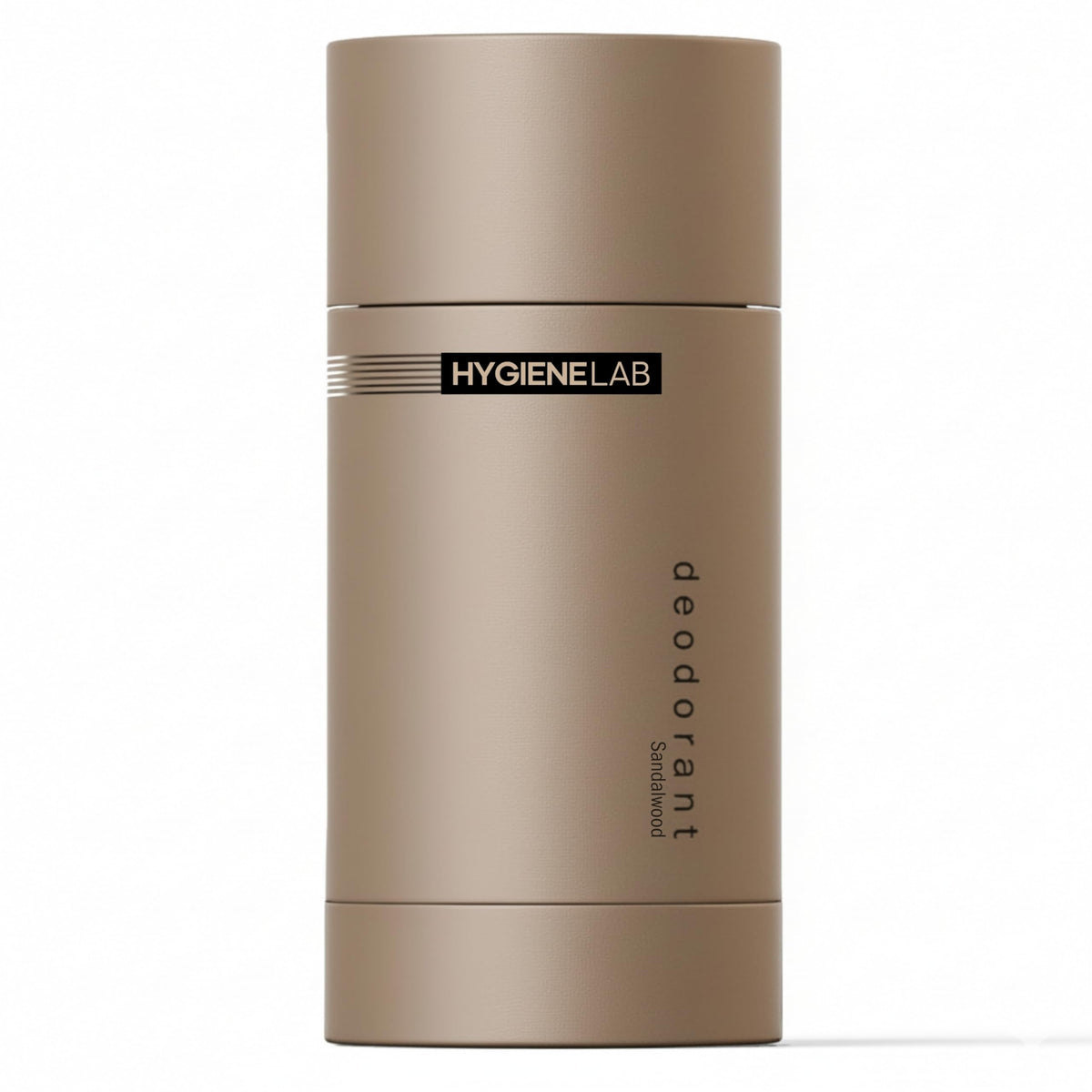 HygieneLab front packaging displaying sandalwood deodorant and product benefit