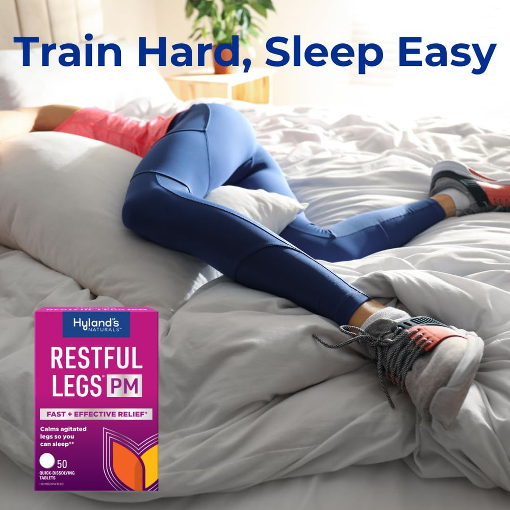 Hyland's tablets in hand demonstrating convenient no-water dosing for bedtime relief