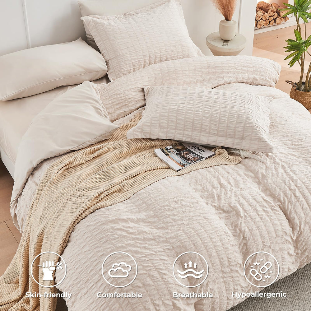 HYMOKEGE styled bedroom with set on queen bed showing calming neutral decor benefit