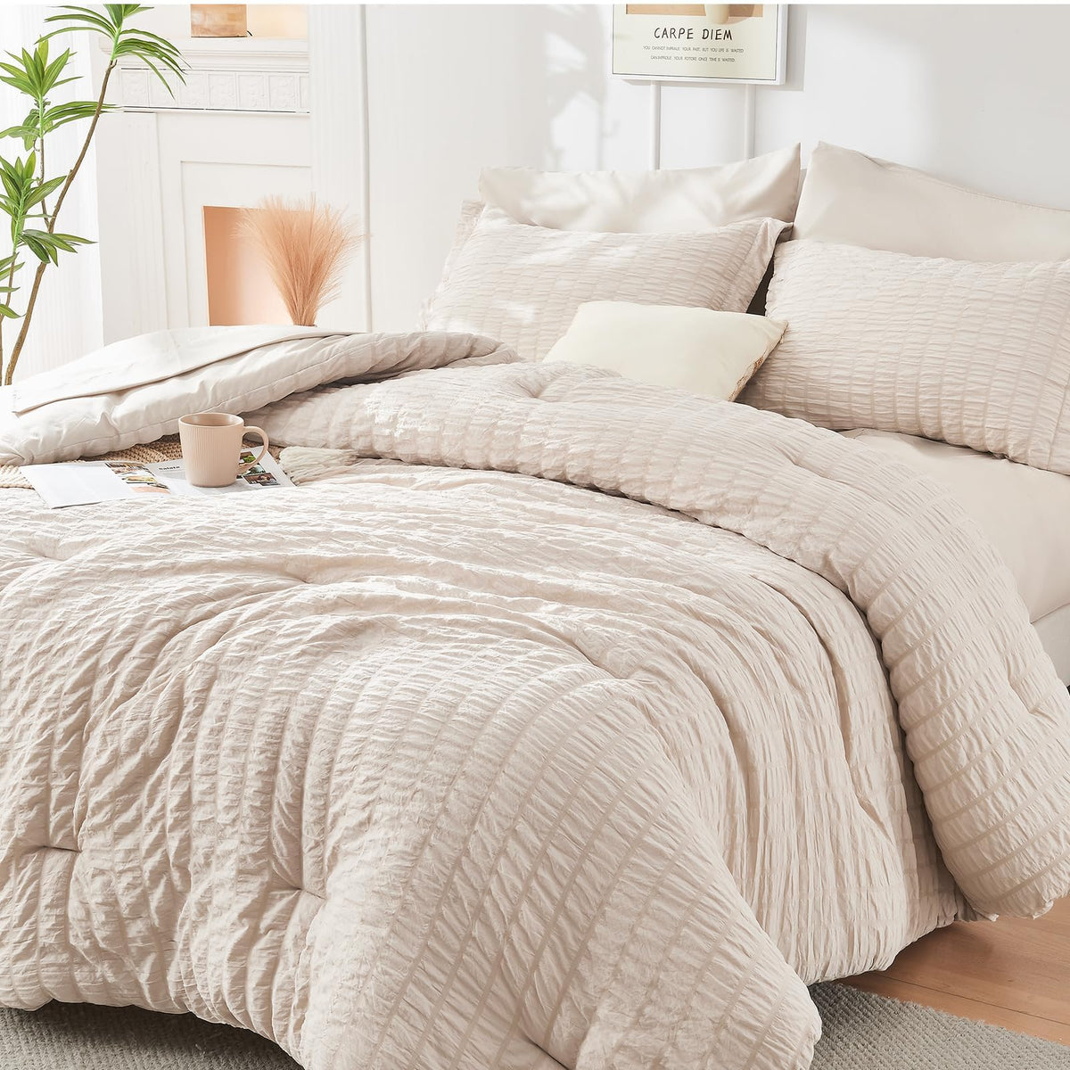 HYMOKEGE beige comforter front view showing neutral design and layered bedding benefits