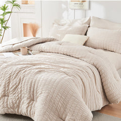 HYMOKEGE beige comforter front view showing neutral design and layered bedding benefits