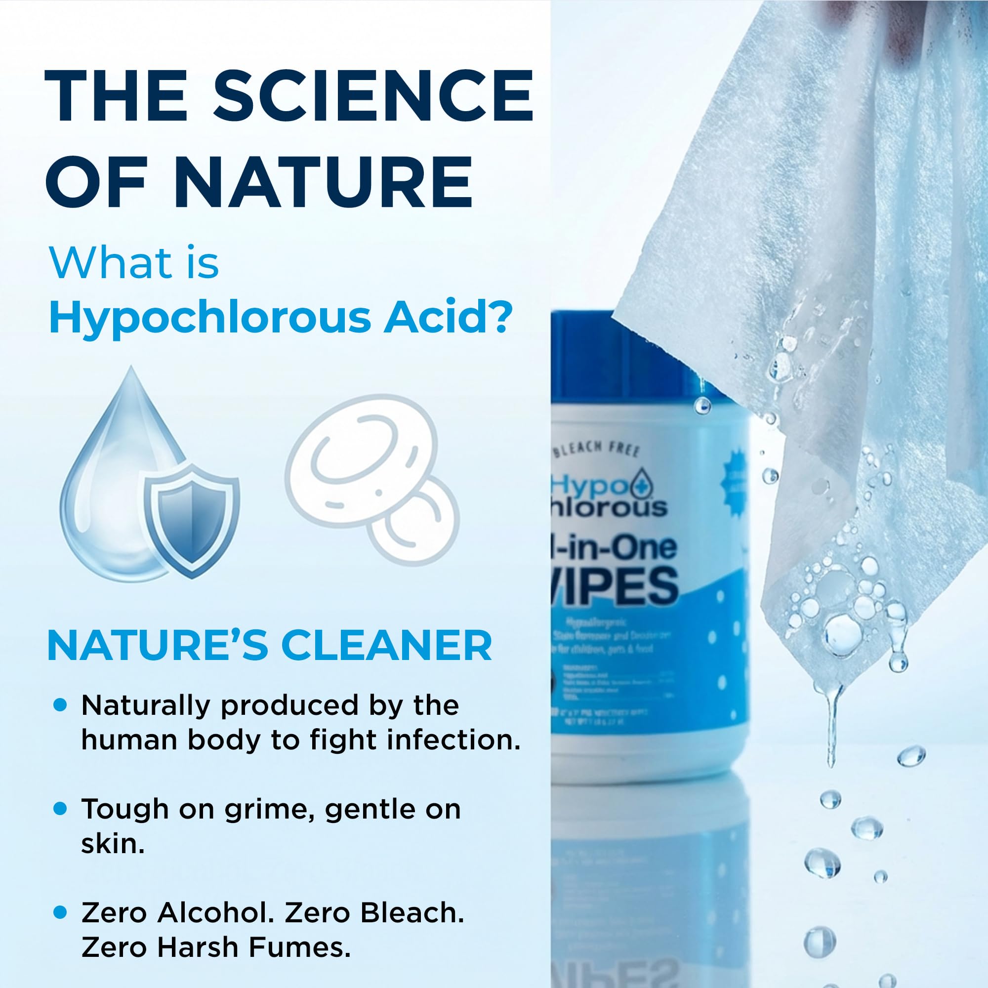 Hypo+Chlorous wipes in a bag for travel, convenient on-the-go cleaning benefit