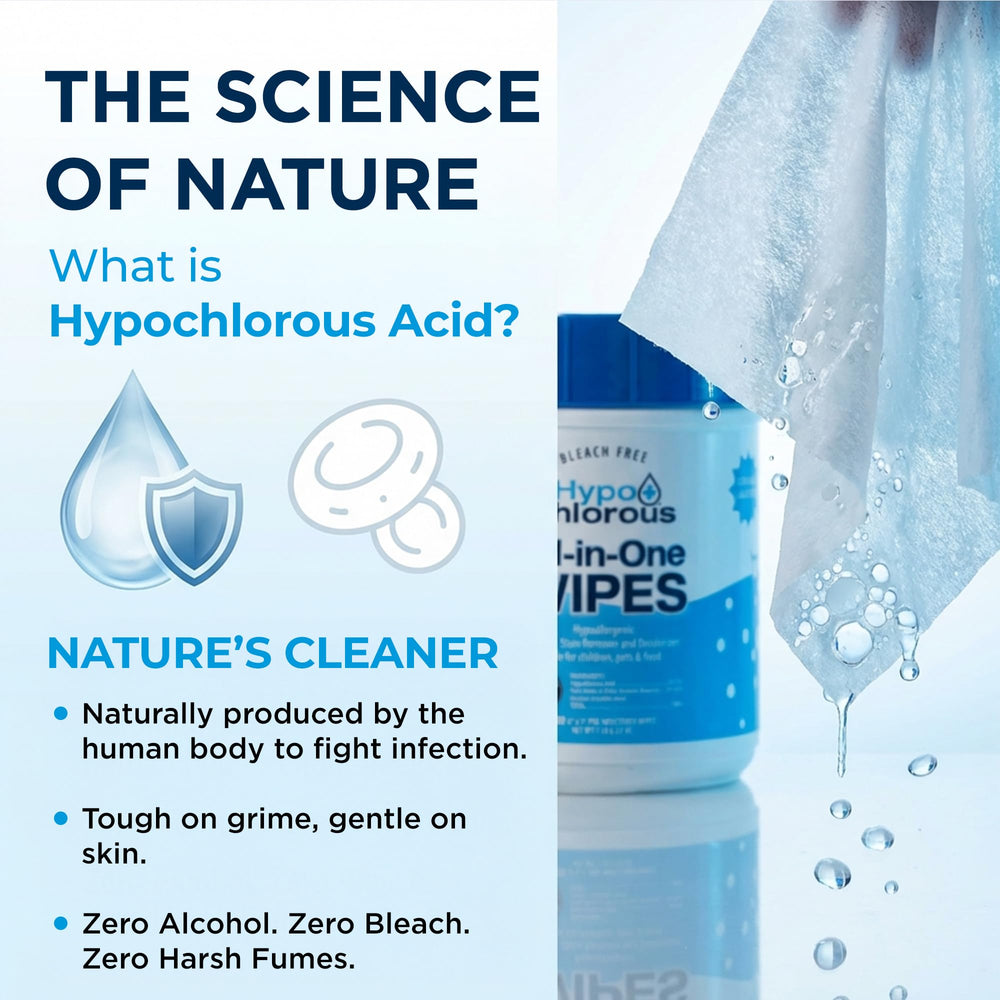 Hypo+Chlorous wipes in a bag for travel, convenient on-the-go cleaning benefit