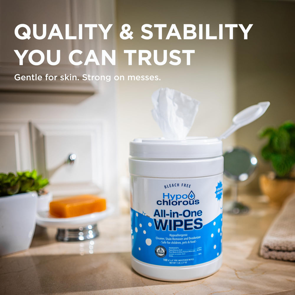 Hypo+Chlorous wipe cleaning a baby toy, safe gentle formula benefit