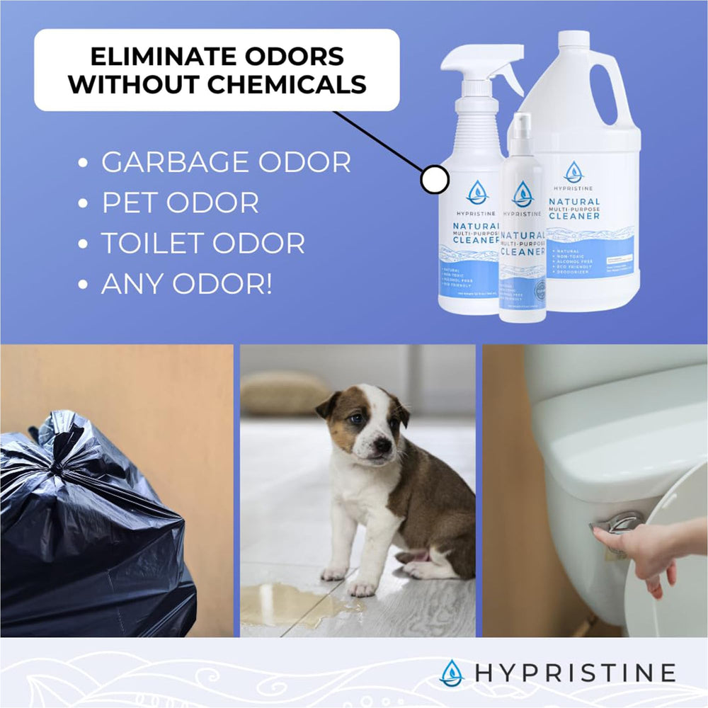 Hypristine spray in use on kitchen counter for quick, low-odor cleaning
