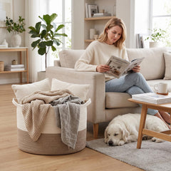HZFTJOY basket filled with blankets beside sofa for quick tidying benefit