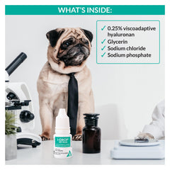 I-DROP Vet Plus being applied to a dog's eye showing gentle relief benefit