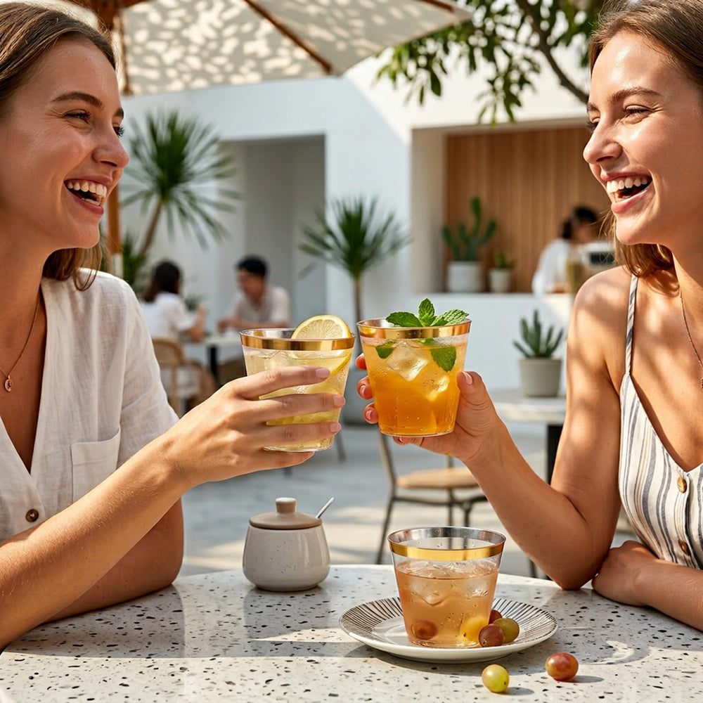 I00000 outdoor party scene showing cups in use with decorative setting benefit