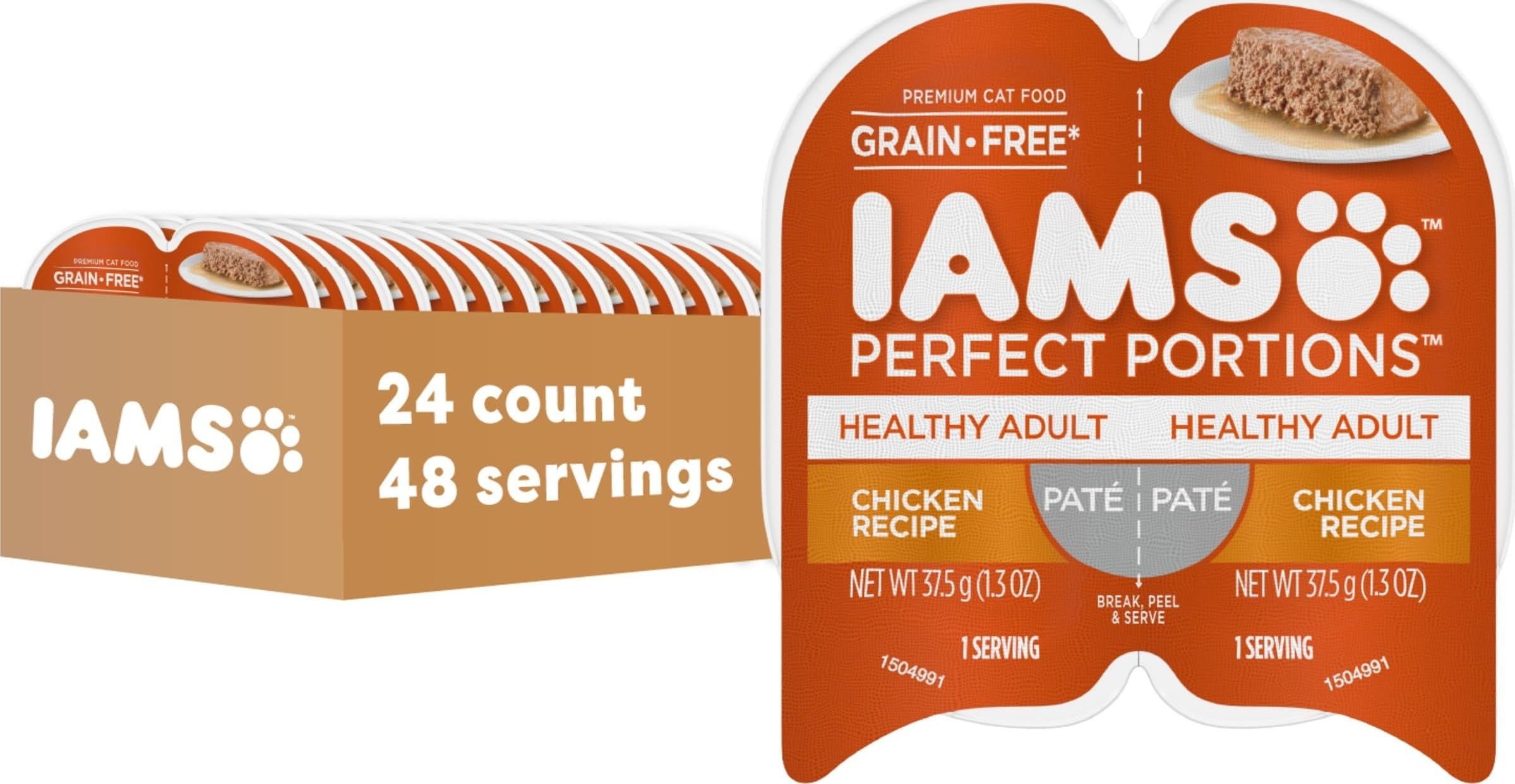 IAMS front packaging showing twin-meal trays and brand trust