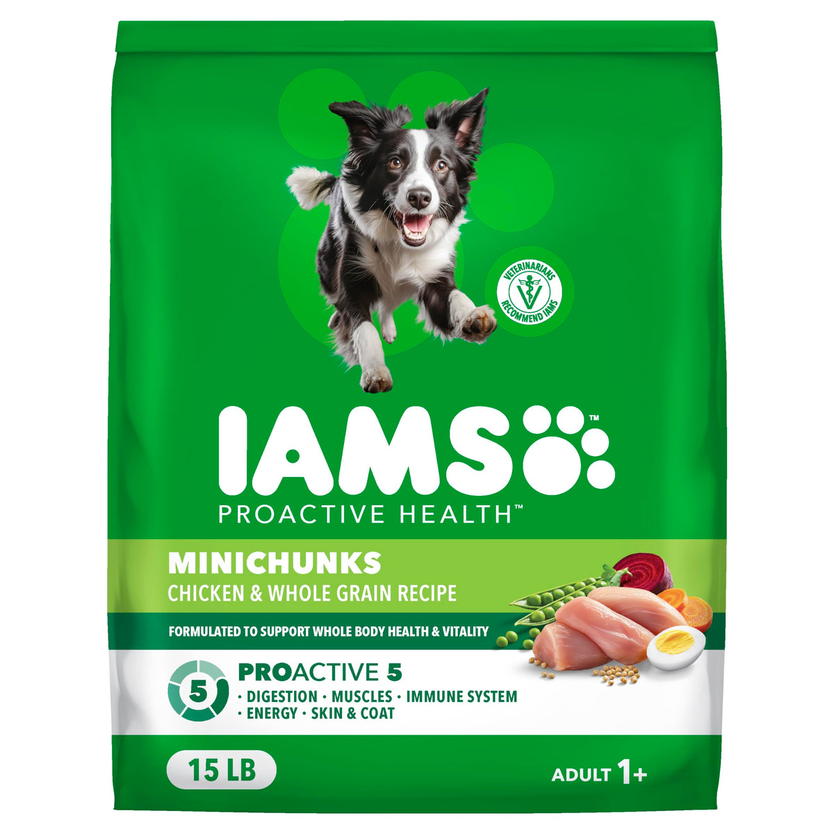IAMS front packaging showing chicken-first recipe and Proactive 5 benefits
