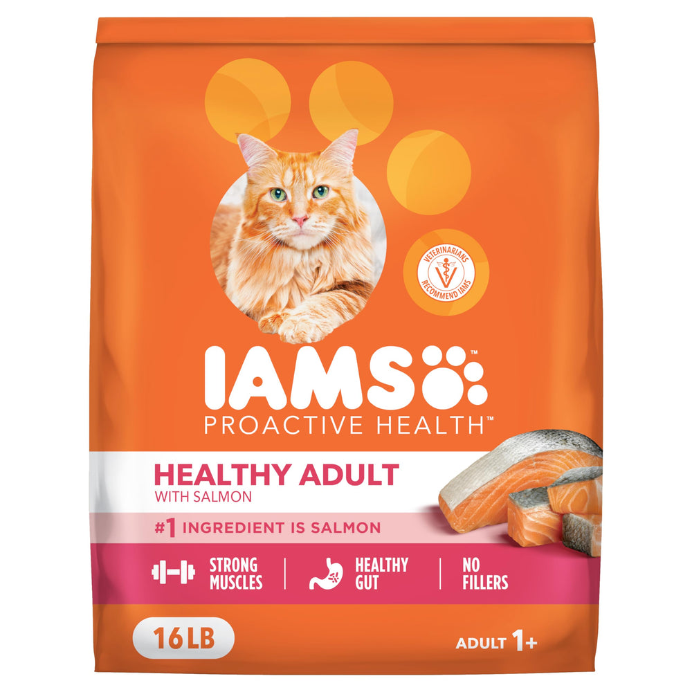 IAMS salmon front of bag showing product name and benefits