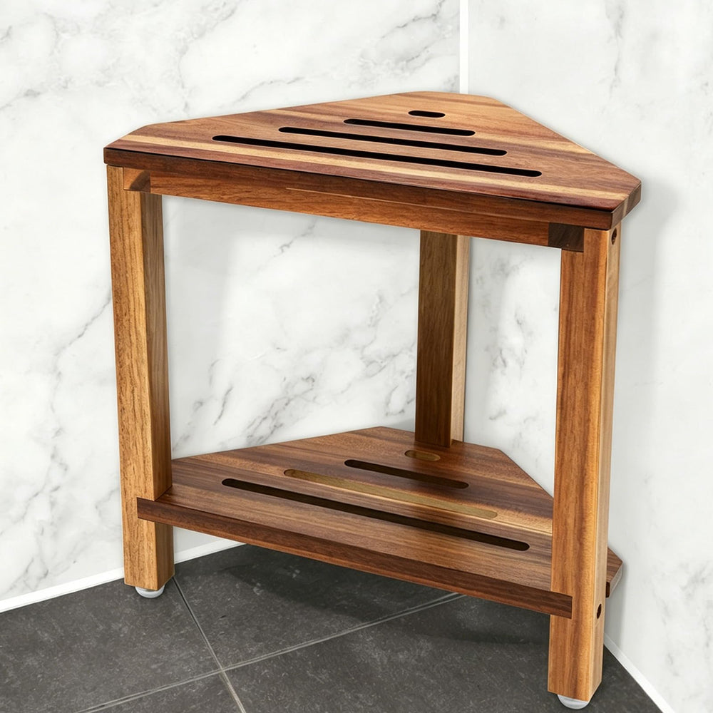 IBosins front view of corner stool showing compact fit and natural finish benefit