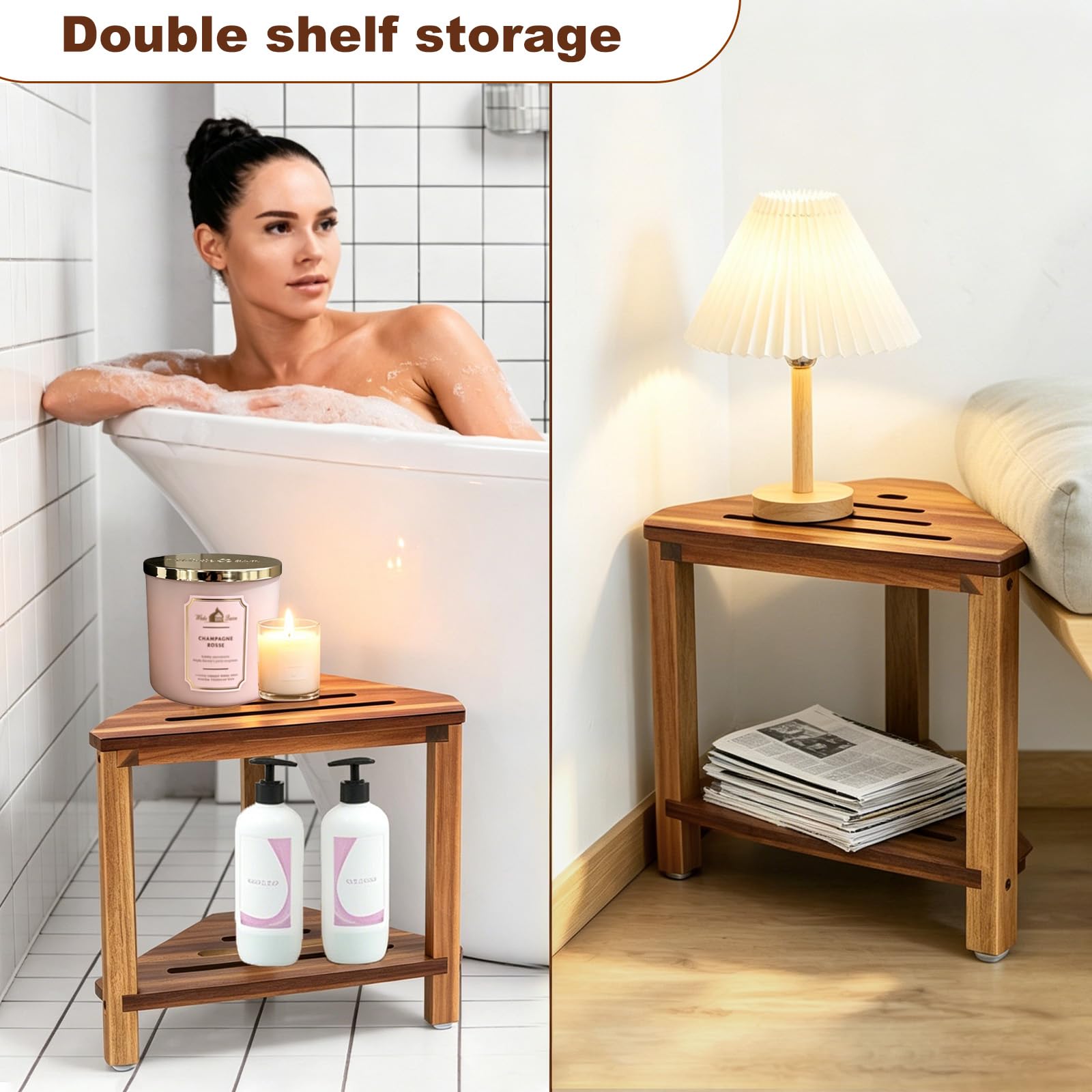 IBosins stool placed in shower corner demonstrating space-saving stability benefit