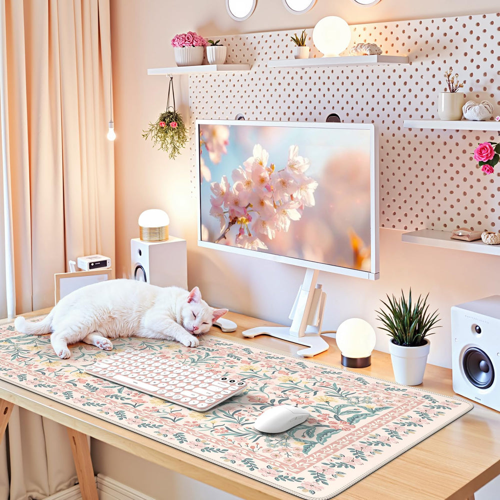 iCasso lifestyle desk setup adding style and coordinated pink workspace