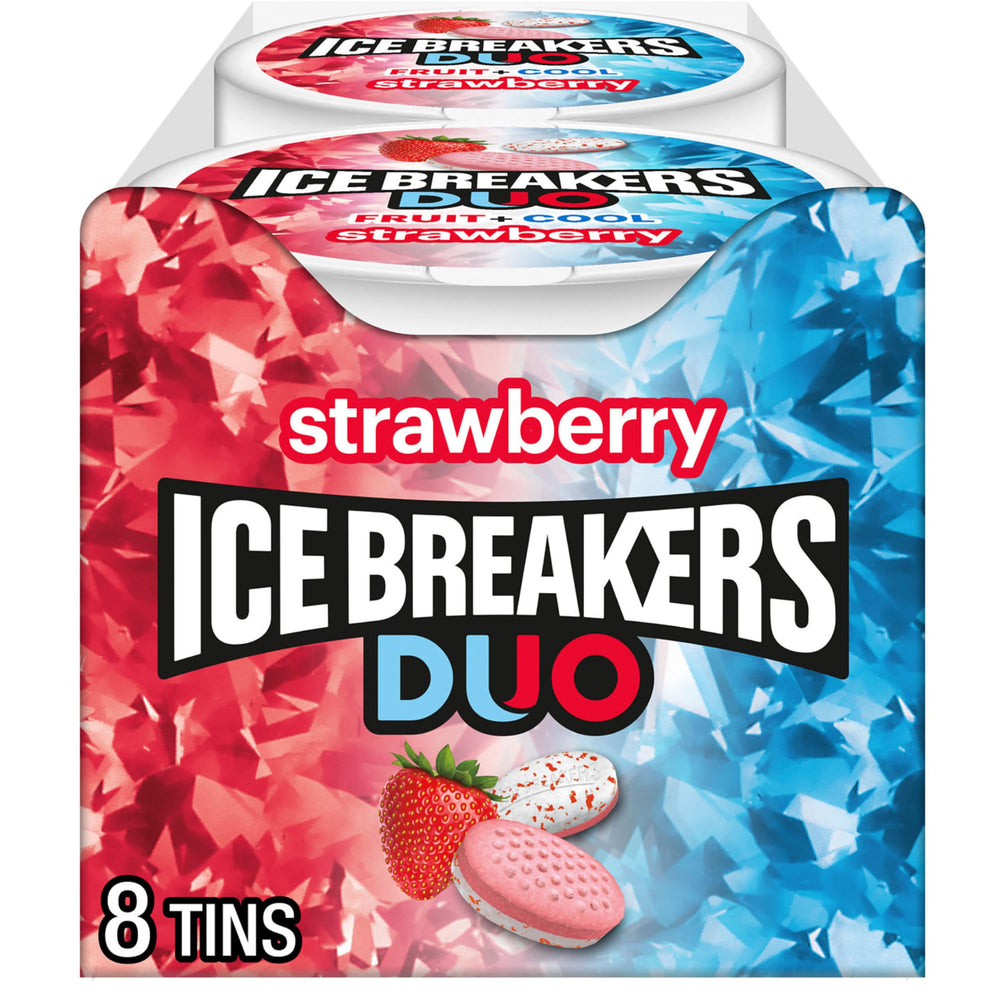 Ice Breakers Duo strawberry front tin showing compact design and portability