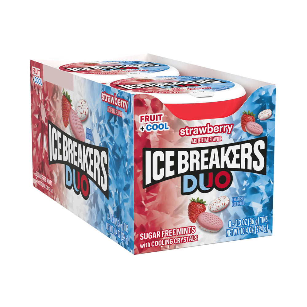 Ice Breakers Duo open tin with red and white mints ready to dispense quickly