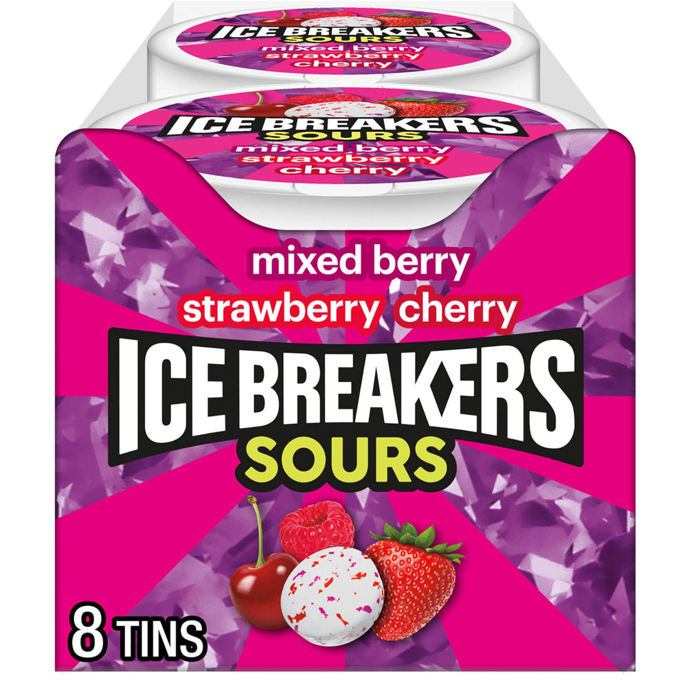 Ice Breakers front tin showing bright assorted fruit design and easy carry benefit