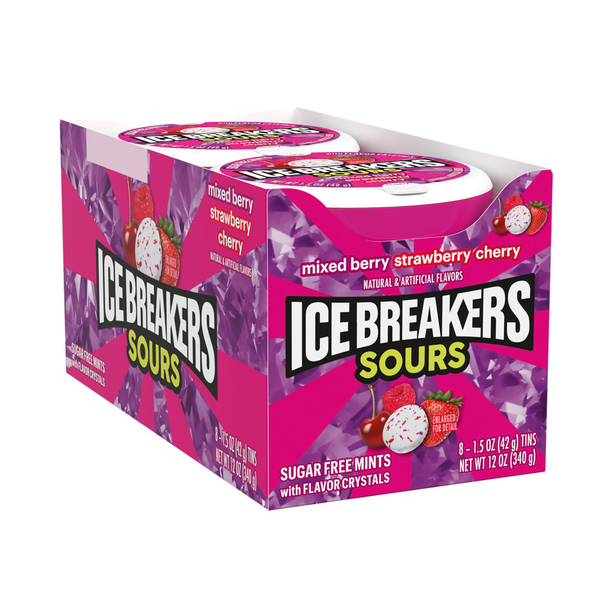 Ice Breakers open tin with visible mixed berry strawberry cherry mints for quick access