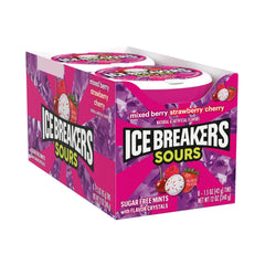 Ice Breakers open tin with visible mixed berry strawberry cherry mints for quick access