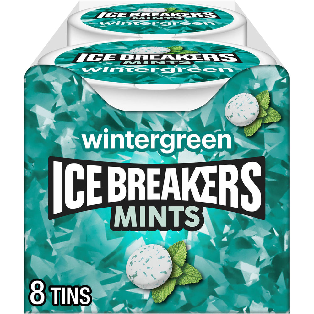 Ice Breakers front tin showing wintergreen flavor and portable design benefit