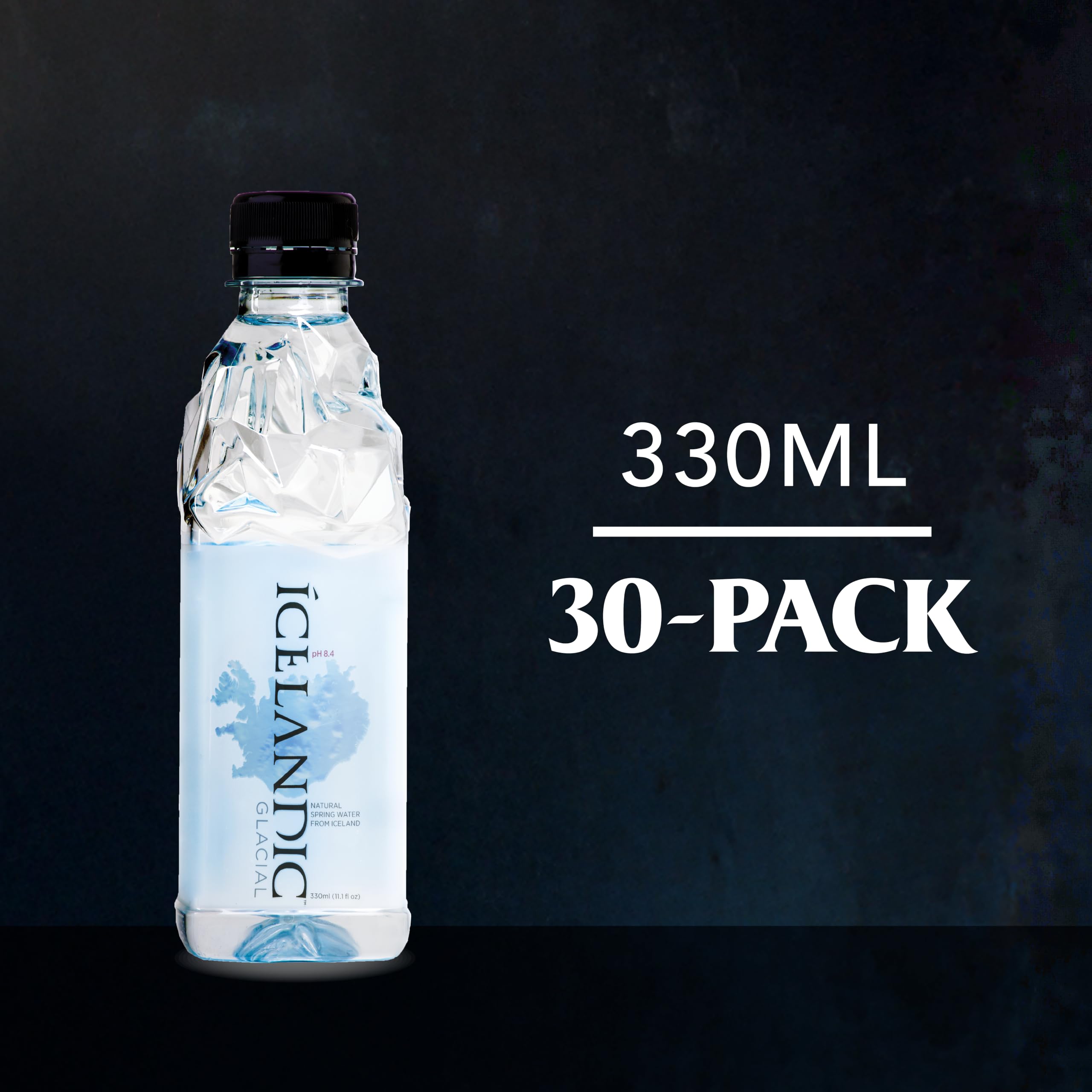 Icelandic Glacial close-up of bottle texture and label, emphasizes premium glacier-inspired design
