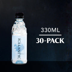 Icelandic Glacial close-up of bottle texture and label, emphasizes premium glacier-inspired design