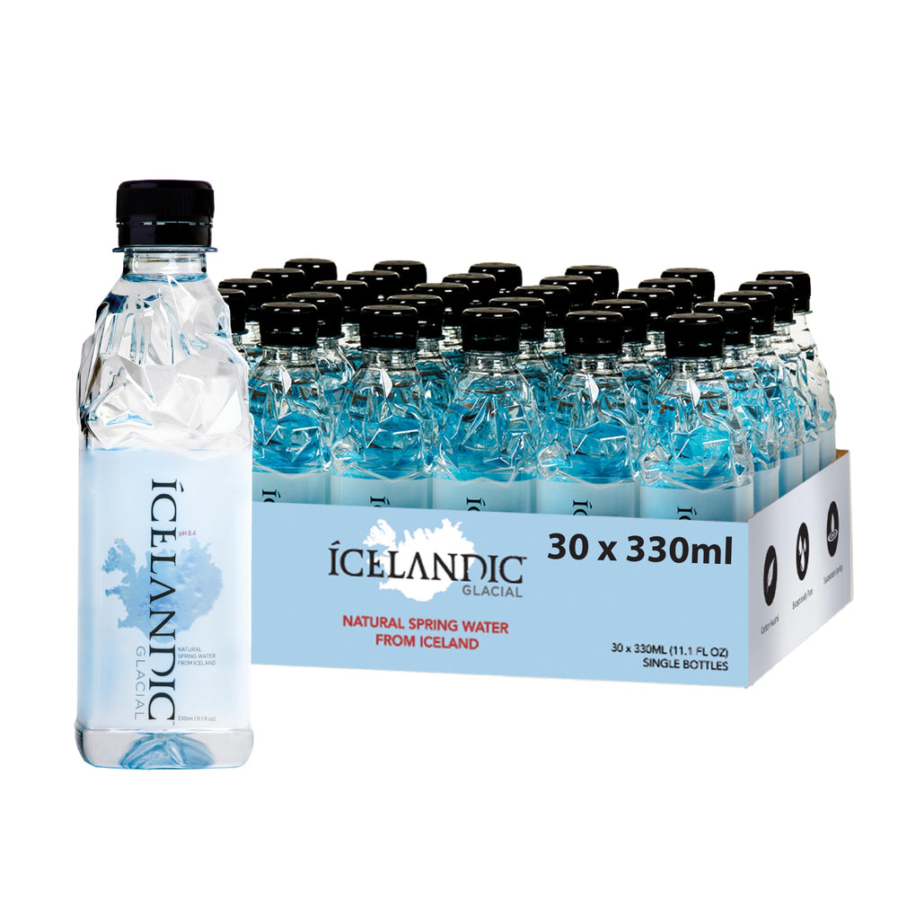 Icelandic Glacial front packaging showing sleek 330 mL bottles and brand, highlights portability