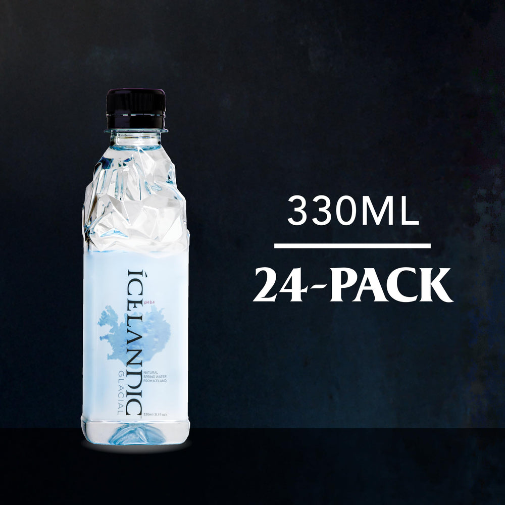 Icelandic Glacial bottle close-up of glacier-inspired label highlighting purity