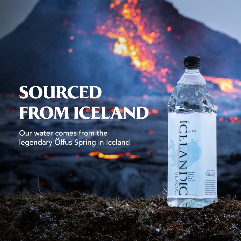 Icelandic Glacial bottle held in hand showing 330 mL scale and portability