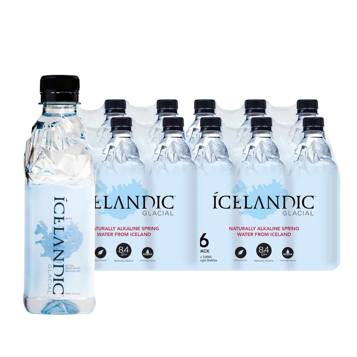 Icelandic Glacial front pack view showing 24 compact bottles and premium look