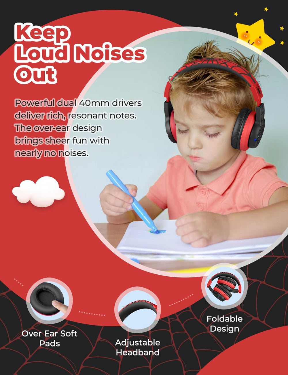 iClever BTH12 on child model using headphones, safe volume and easy controls