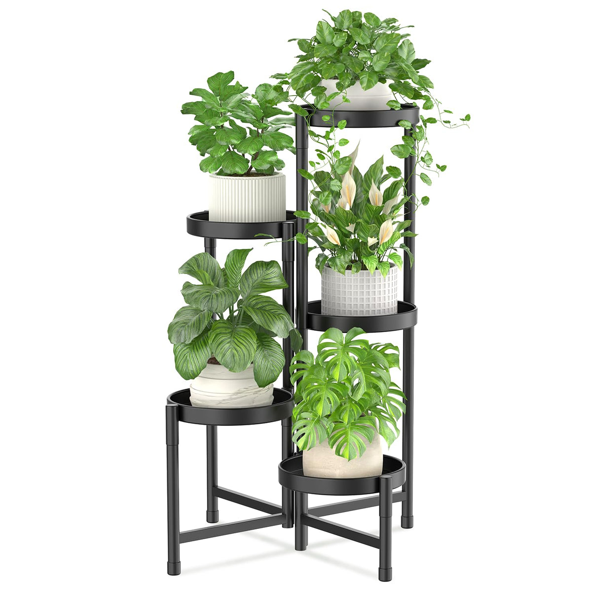 iDavosic.ly front view showing five-tier black plant stand for organized displays