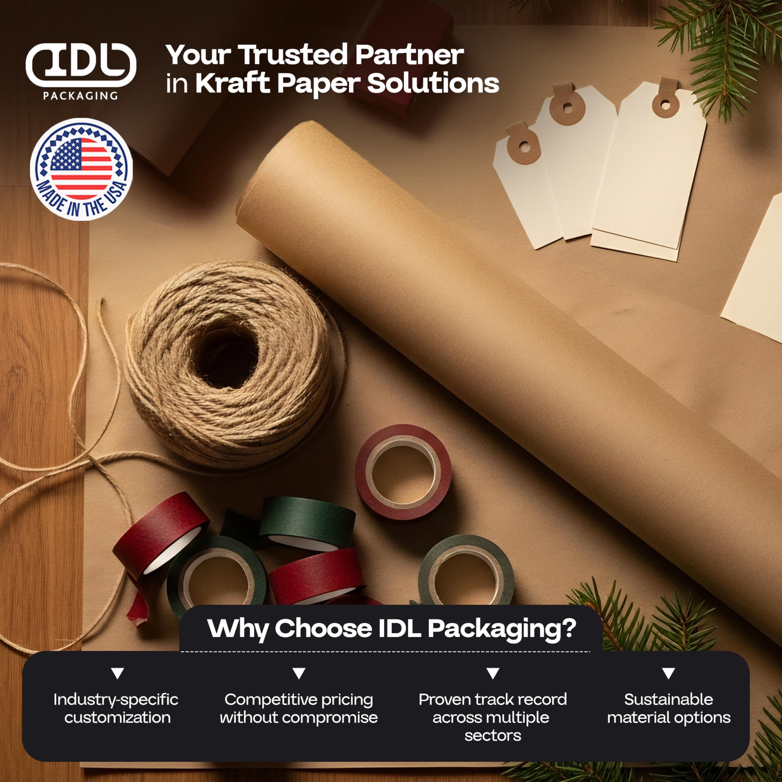 IDL Packaging rolls next to a ruler showing 24-inch width and length scale