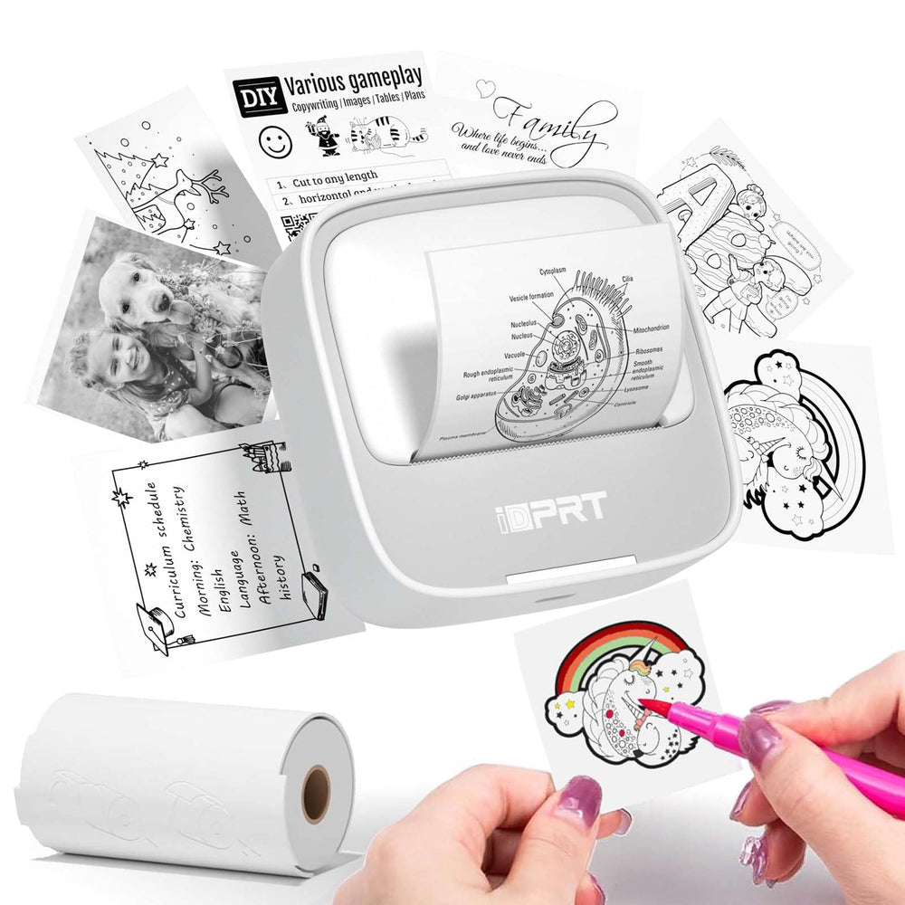 iDPRT front view of compact sticker printer showing controls and portability benefit
